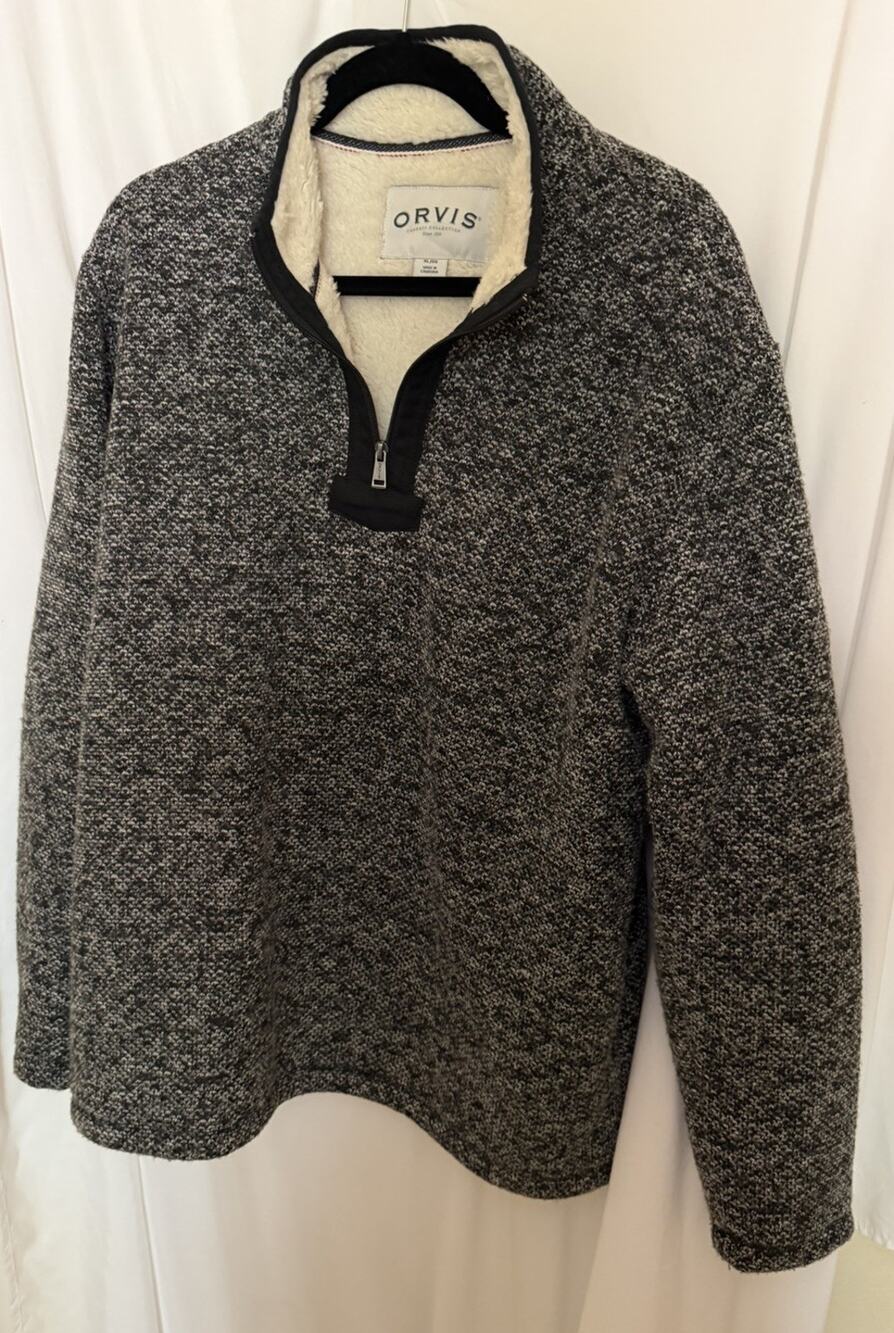 Orvis Sweater Mens XL Gray Sherpa Lined Quarter Zip Fleece Pullover Knit Classic